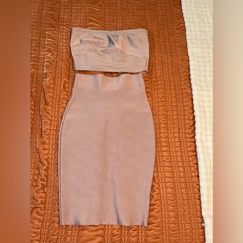 2 piece body con midi skirt and tube top, mauve/tan color